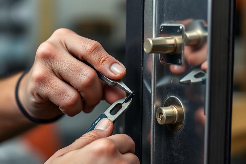 Schlüsseldienst Ahlen Techniker bei der Arbeit an einer Tür Schlüsseldienst Ahlen Techniker bei der Arbeit an einer Tür